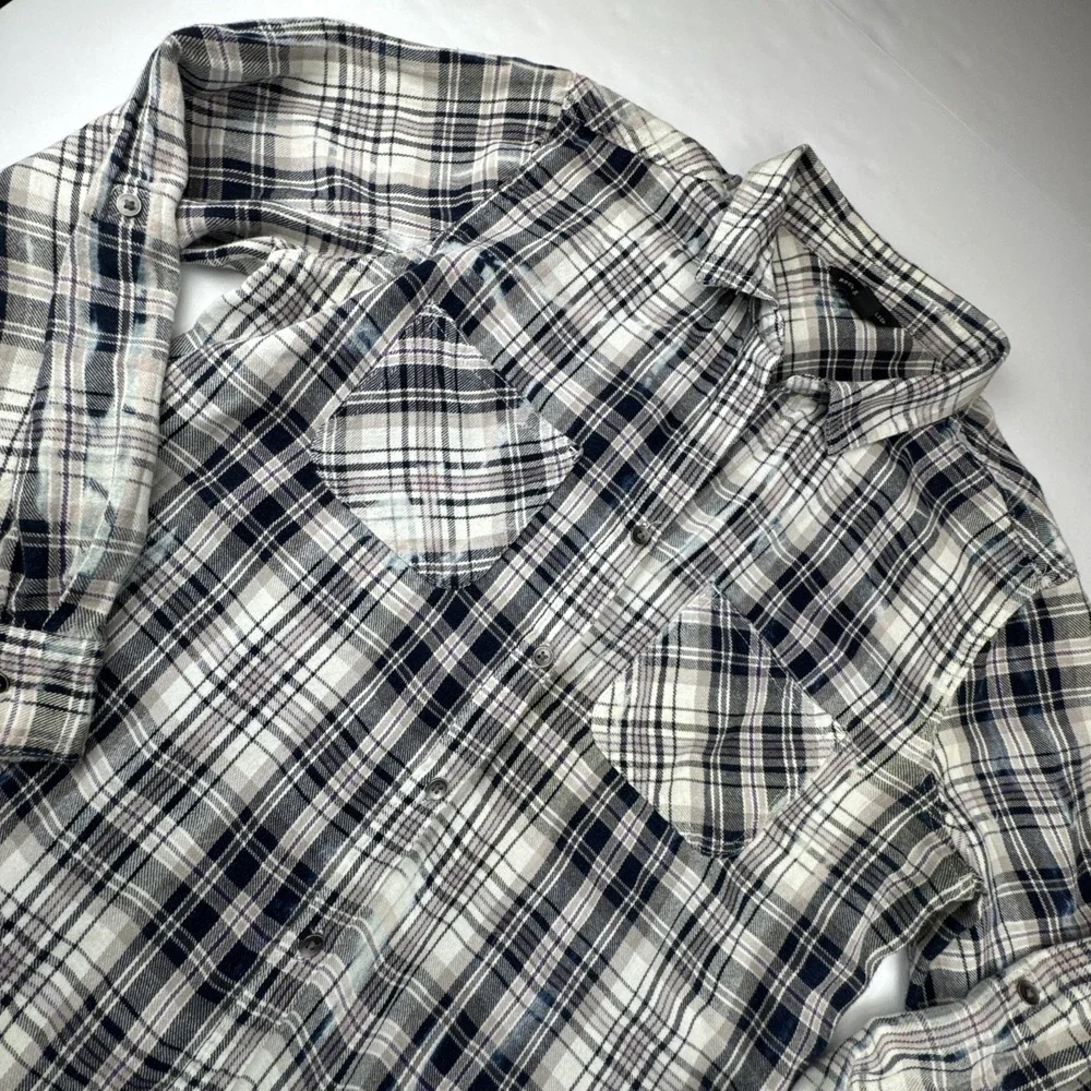 Distressed‎ Bleached Plaid Button Down Shirt Rock & Republic Purple Black Large